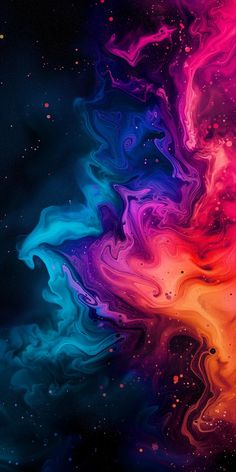 an abstract painting with multicolored paint and stars in the sky, on black background