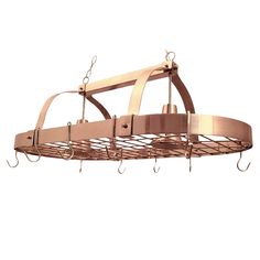 a large metal pot rack with hooks hanging from it