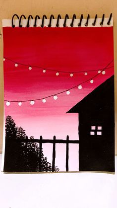 a drawing of a house with lights strung over it