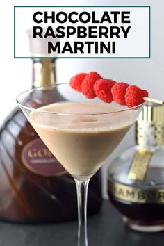 a chocolate raspberry martini in a coupe glass garnished with raspberries