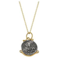 Pegasus Coin Charm Amulet with Diamonds, 24kt Gold and Silver by Prehistoric Works of Istanbul, Turkey. Diamonds - 0.02cts. These coin amulets pair well with other or with miniature pendants. Measurements, 16mm x 16mm, come with 16" gold vermeil chain; 24kt Gold - 1.10 g; Diamond - 0.02 ct; Pegasus, the mythical flying horse in Greek mythology, was famous for helping gods and heroes achieve great victories. He is a popular and enduring figure who has special meaning to many people. For example, Flying Horse, Horse Fly, 24kt Gold, Istanbul Turkey, Greek Mythology, Gold And Silver, Lapis Lazuli, Gold Vermeil, Istanbul