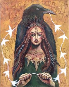 a painting of a woman with dreadlocks and a crow on her head