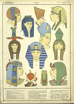 an old book with pictures of egyptian heads and headdresses on the cover