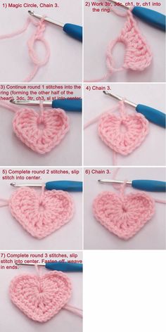 instructions to crochet a heart - shaped object with two rows of stitchs