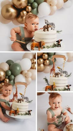 a baby is sitting in front of a cake with animals on it and balloons behind him