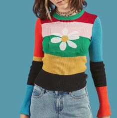 Weird Clothes Aesthetic, Cute Egirl, Weird Clothes, Power Fashion, Flower Power Fashion, Aesthetic Clothing Stores, Unique Sweaters, Rainbow Sweater, Stripe Outfits