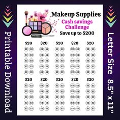 Save money for cosmetic makeup supplies with this beauty savings challenge printable. Start your money saving sinking funds and begin cash stuffing those dollar bills for all your makeup needs and for your self care routine. This women makeup supplies money budget savings tracker is super easy to use. Each time you save an amount in a circle color it in, then stash your cash savings away.  Instant Printable Download! You receive: 1 - Printable PDF file. Letter size 8.5" x 11" Not a physical item Beauty Self Care, Cash Savings, Savings Challenge Printable, Money Budget, Cash Stuffing, Makeup Supplies, Dollar Bills, Sinking Funds, Makeup Needs