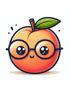 an orange with glasses and a green leaf