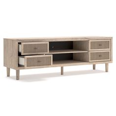 the sideboard is made from wood and has two drawers, one with an open door