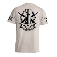 Explosive Ordnance Disposal t-shirt by Dion Wear® is 4.3 oz, 100% cotton t-shirt. Features American flag on the sleeve with front and back explosive ordnance disposal design printed using top quality ink all around. The other sleeve has American Patriotic Dion Wear® logo. Regular true to size fit. Printed in USA! American Fighter Shirts, American Flag Graphic Cotton T-shirt, Red Americana T-shirt With American Flag, White American Flag T-shirt For Veterans Day, Red Patriotic T-shirt With American Flag Print, Hats For Sale, Metallic Logo, Long Sleeve Hoodie, Cotton Tshirt