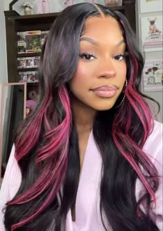 Pink Highlights Lace Front Wig, Pink Black Hair Black Women, Black With Pink Highlights Wig, Pink Hair Streaks Black Women, Pink Highlight Sew In, Pink And Black Lace Front Wig, Birthday Hairstyles With Color, Black And Pink Highlights Wig, Pink Highlights In Black Hair Wig