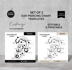 three ear piercing chart templates with different shapes and sizes