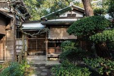 an old wooden building surrounded by trees and bushes