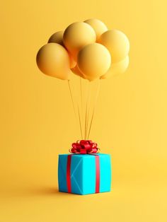 a blue gift box with red ribbon and balloons in the shape of balls on yellow background