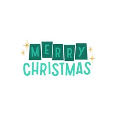 merry christmas with green letters and stars on the bottom, in front of a white background