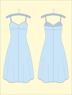 two dresses on hangers, one in blue and the other in light blue with white trim