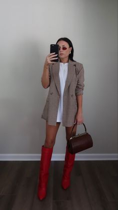 Fall Fashion 2023 Red, Red Boot Heels Outfit, Red Knee Boots Outfit, Red Fall Outfits 2023, Red Fall 2023 Fashion, Red Boots Outfit 2023, Red Outfit Fall 2023, Red Shoes Fall 2023, Red For Fall 2023