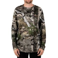 For those who love spending time in the great outdoors and want to feel comfortable and confident while doing it, the Men's Long Sleeve Camouflage Hunting Performance Tee Shirt by Mossy Oak is the perfect choice. This camouflaged activewear is ideal for hikers, hunters, and athletes - providing exceptional comfort and freedom of movement. Crafted from a blend of environmentally-friendly recycled polyester and flexible spandex, this four-way stretch, moisture-wicking fabric keeps you cool and dry while you're mobile - and the built-in scent reduction technology helps to keep any animals or bugs from catching wind of you to boot. Whether you're exercising, nature-walking, or out on the hunt, this camo top has got you covered. Upgrade your outdoor performance wear today and experience the bes Camouflage T Shirts, Camo Top, Camo Tee, Spandex Top, Mossy Oak, Hunting Clothes, Performance Wear, Men Short Sleeve, Mens Long Sleeve