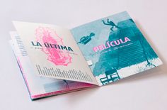 an open book with the title la ulima written in pink and blue on it