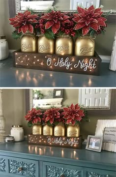 christmas decorations on top of a dresser and below it are pictures of poinsettis