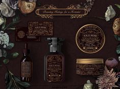 an assortment of cosmetics products displayed on a dark background with flowers and leaves around them