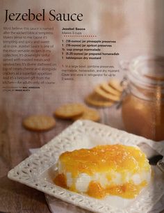 a recipe book with an image of jezebel sauce and crackers on the side