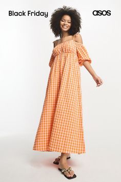 Dresses by ASOS DESIGN DAYTIME CHIC Off-shoulder style Tie straps Puff sleeves Regular fit Summer Dress Photoshoot, Dress Outfits Party, Orange Gingham, Designer Summer Dresses, Bella Wedding, Neon Rose, Gingham Fashion, Summer Dresses Casual, Dresses Casual Summer