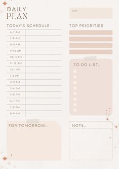 the daily planner is shown with pink and gold stars on it, along with a list for