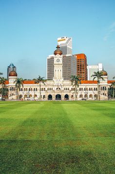 a large building in the middle of a green field with palm trees and buildings behind it