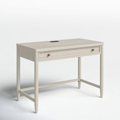 a white desk with two drawers on the top and one drawer at the bottom, against a white background