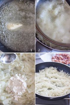 four pictures showing how to cook pasta in a skillet