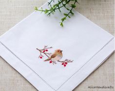 Embroidered Ladies Handkerchief White Female Hankie Hand | Etsy Embroidery Bird, Gouldian Finch, Winter Jasmine, Embroidered Hankies, Denim Bag Patterns, Ladies Handkerchiefs, Hand Beaded Embroidery