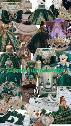 a collage of green and gold items including teddy bears, hats, dresses, and other accessories