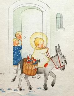 a drawing of a child riding on the back of a donkey next to an adult