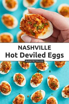 the deviled eggs are stuffed with meat and topped with cheese