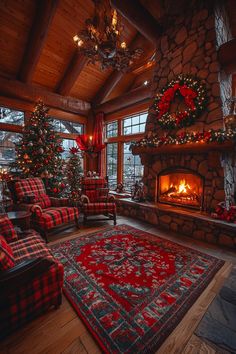 the living room is decorated for christmas with red and green decorations on the fireplace, plaid furniture, and wreaths