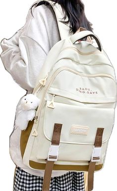 White Large Capacity Satchel Laptop Bag, White Shoulder Bag For Back To School, White Large Capacity Shoulder Bag For Study, Back To School Beige Shoulder Backpack, Beige School Backpack With Large Capacity, Beige Bag For Study And Back To School, Back To School Beige Backpack Shoulder Bag, Beige Large Capacity Backpack For School, Cream Backpack For Travel And Back To School