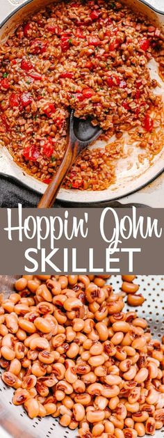 a skillet filled with beans and topped with text that reads hoppin'gohan skillet