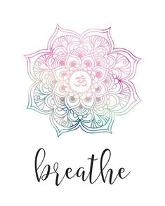 the word breathe written in black ink on a white background with an ornate flower design