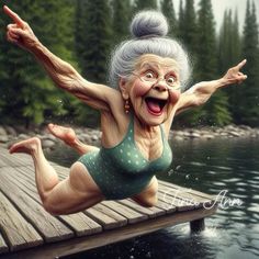 an older woman jumping off a dock into the water with her arms out and eyes wide open