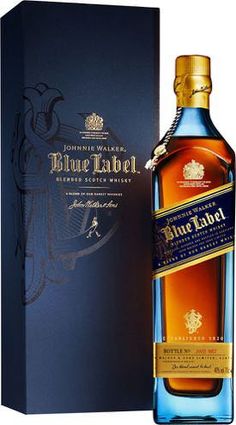 a bottle of blue label whisky next to a box