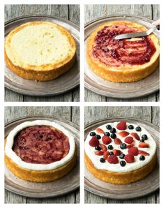 four different pictures showing how to make a cake with fruit toppings on the top