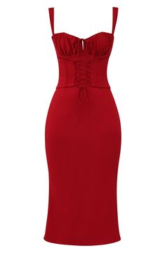 Turn heads in this stunning corset-inspired midi with a lace-up bodice and a flared hem all crafted of lightweight duchess satin. Exclusive retailer Sweetheart neck Adjustable straps Lined 100% polyester Dry clean Imported Luxury V-neck Bodycon Dress For Date Night, Red Lace Outfit Classy, Trendy Clothes For Women Venus, Bodycon Date Night Dress, Formal Valentines Day Dress, Valentines Day Dress Casual, Faye Valentine Dress, House Of Cb Dresses Red, Short Bodycon Dress Formal Classy