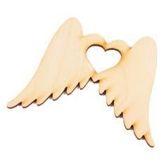 an unfinished wooden angel wing with a heart cut out of it