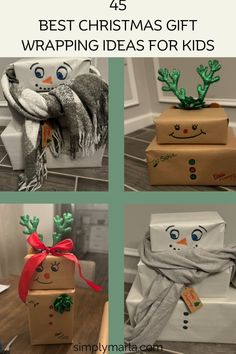 four christmas gifts wrapped in wrapping paper with the words best christmas gift wrapping ideas for kids