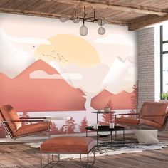 a living room with mountains painted on the wall and leather chairs in front of it