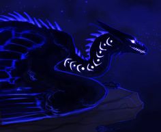 a black dragon sitting on top of a rock in the dark night with glowing eyes