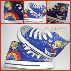 an image of children's shoes painted with cartoon characters