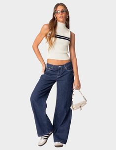 These Low-Rise Straight-Leg Jeans Are The Essential Bottoms To Achieving Those Clean Girl Aesthetic Vibes. Pair Them With Any Top In Your Closet, And You'll Always Look Effortlessly Cool. Jeans. Low Rise Waist. Straight Leg Fit. Striped Denim Fabric. 100% Cotton. Model Wears Size S. Model Height Is 5'8. Item Care: Machine Wash At Maximum Of 30ºc, Do Not Bleach, Tumble Dry Low, Iron At A Maximum Of 110ºc, Do Not Dry Clean. | Edikted Pinstripe Low Rise Jeans Striped Jeans Outfit, Womens Low Rise Jeans, Modern Americana, Womens White Jeans, Womens Ripped Jeans, Striped Denim, Best Summer Dresses, Black Jeans Women, High Waisted Flare Jeans