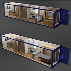 two renderings of a kitchen and living room in a shipping container